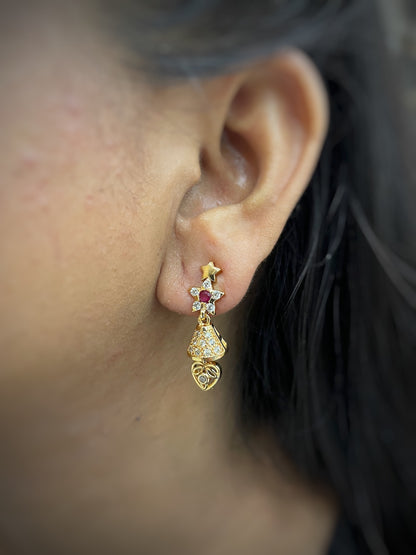 Gold-Plated CZ Red/Gold Stone Star Bell AD jhumka Earrings | Party Wear Jewelry for Women