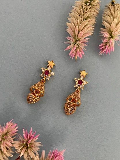 Gold-Plated CZ Red/Gold Stone Star Bell AD jhumka Earrings | Party Wear Jewelry for Women