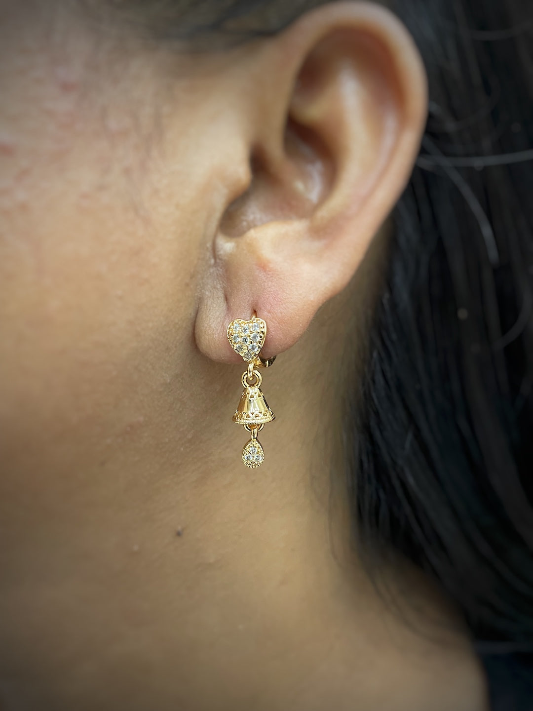 Gold-Plated CZ Heart Bell AD jhumka Earrings | Party Wear Jewelry for Women