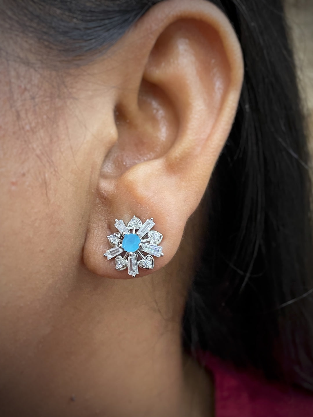 Silver-Plated CZ Mustard White Aqua Blue Pink Red Black Color Flower Earrings | Party Wear Jewelry for Women