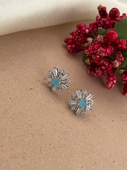 Silver-Plated CZ Mustard White Aqua Blue Pink Red Black Color Flower Earrings | Party Wear Jewelry for Women