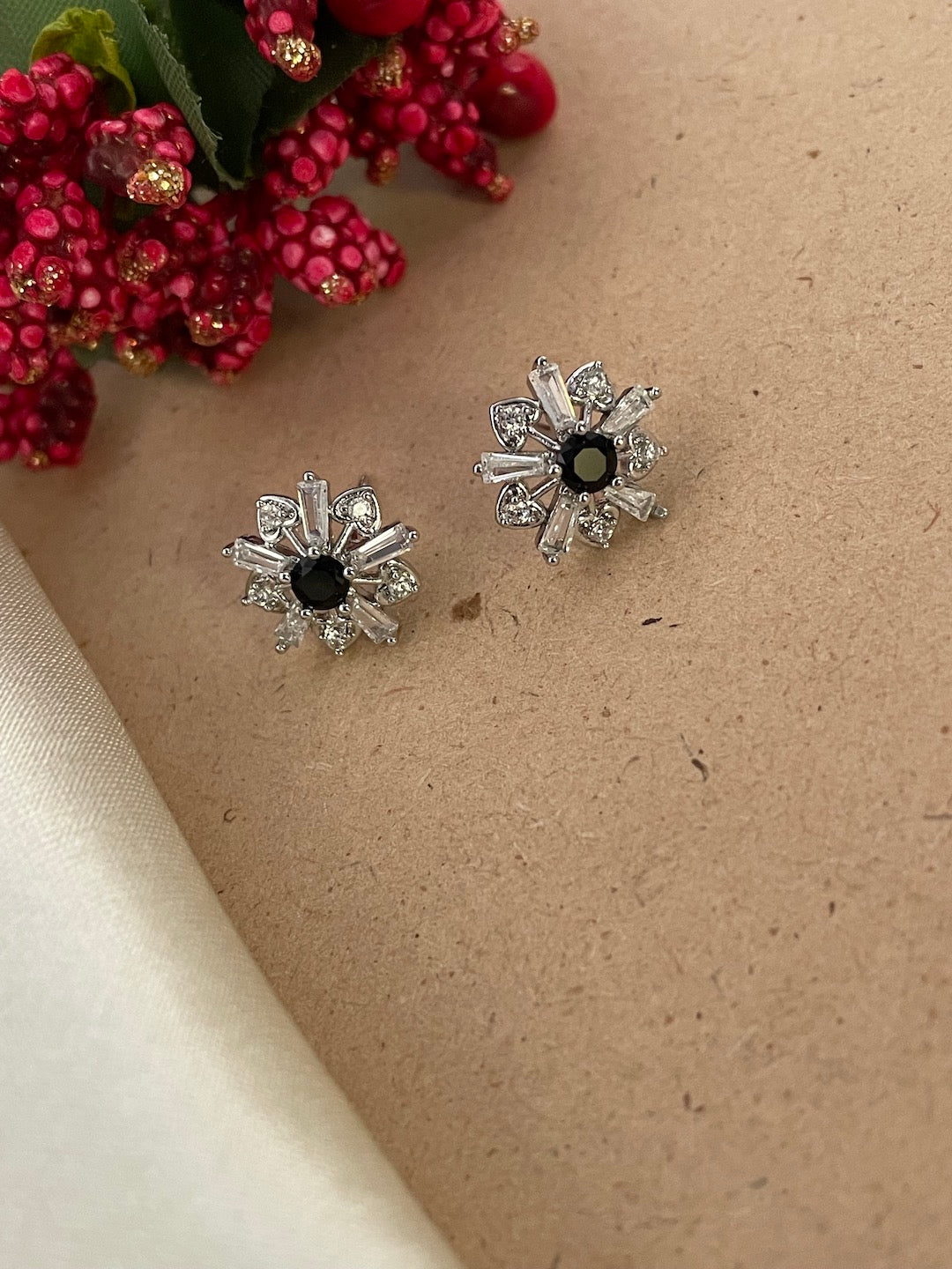 Silver-Plated CZ Mustard White Aqua Blue Pink Red Black Color Flower Earrings | Party Wear Jewelry for Women