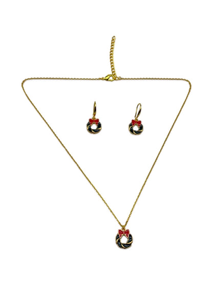 Christmas Green Wreath Charm Necklace & Earrings