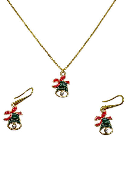 Christmas Green Jingle Bell Charm Necklace Set