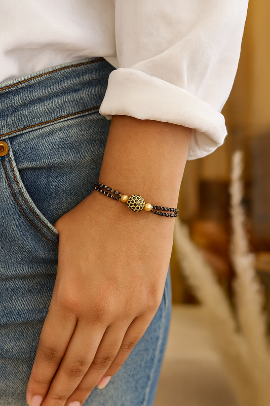 Gold Plated BlacK American Diamond Ball Adjustable Mangalsutra Bracelet