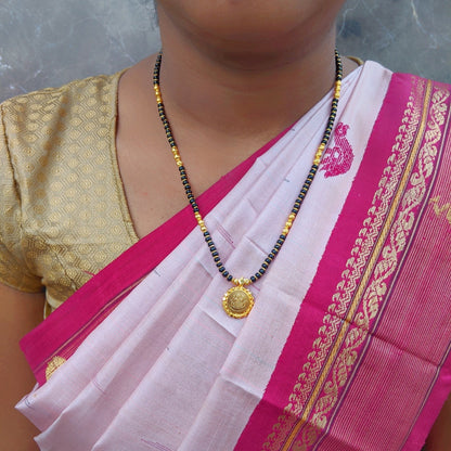 Short Traditional South Indian Mangalsutra Designs Lakshmi (Laxmi) Coin Gold & Black Beads Chain