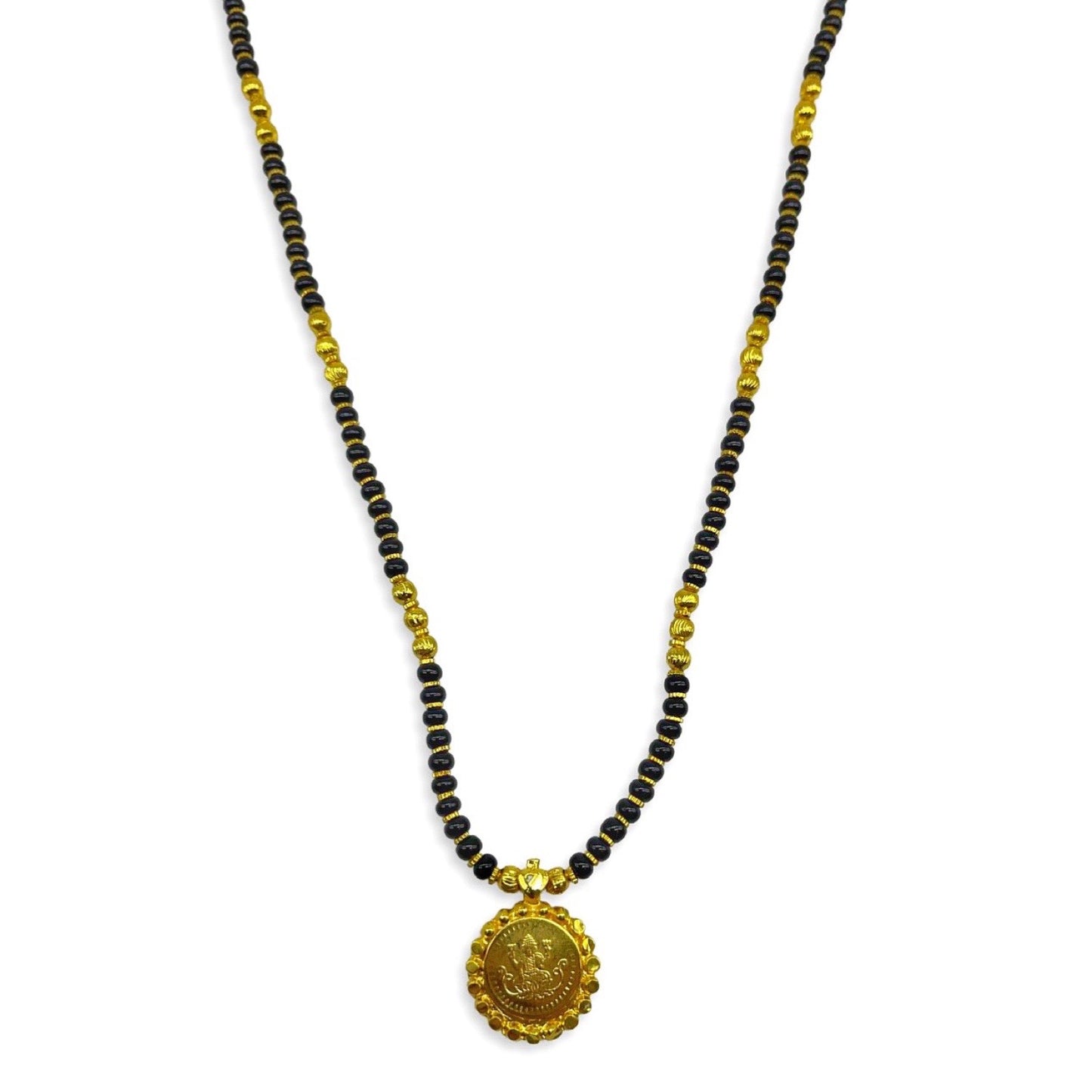 Short Traditional South Indian Mangalsutra Designs Lakshmi (Laxmi) Coin Gold & Black Beads Chain