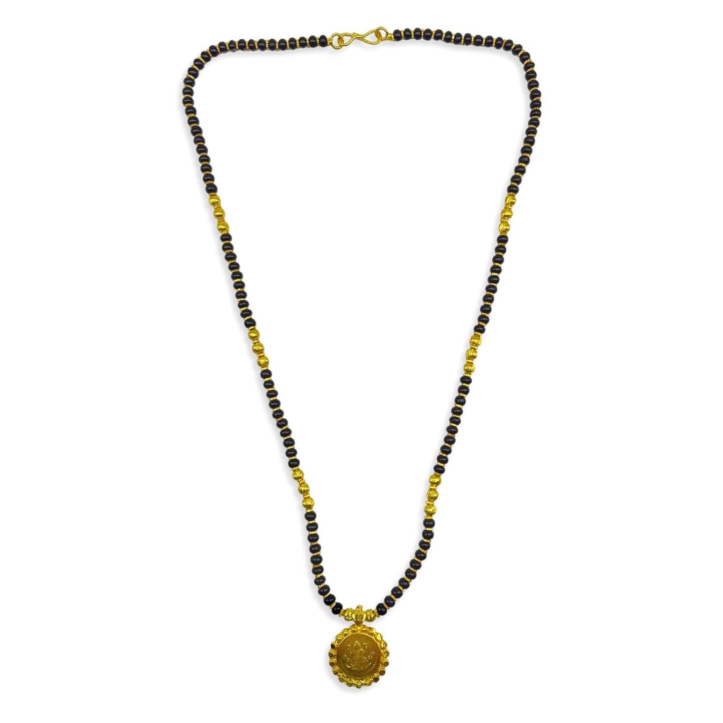 Short Traditional South Indian Mangalsutra Designs Lakshmi (Laxmi) Coin Gold & Black Beads Chain