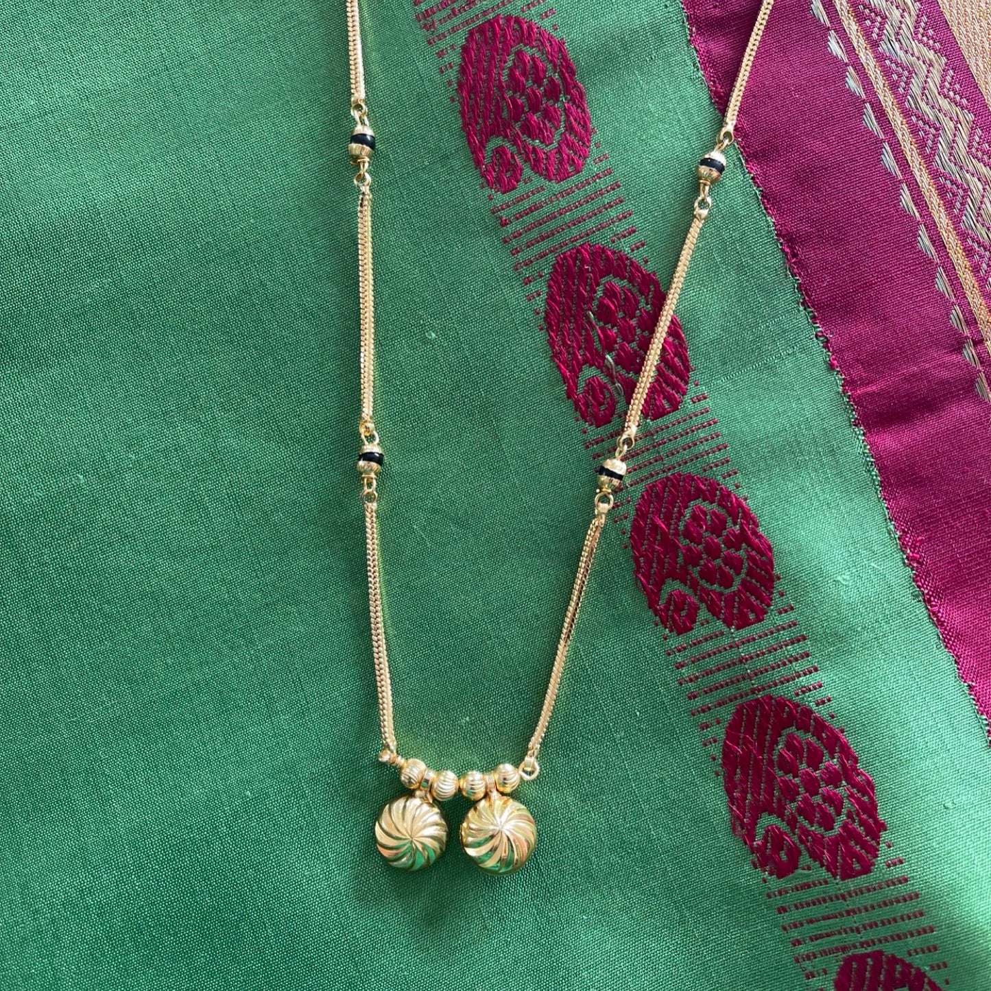 South Indian Style Long Mangalsutra Designs Vati Pendant With Simple Black Beads Gold Chain