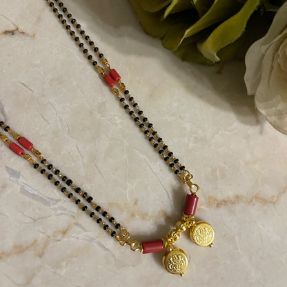 Traditional South Indian Long Mangalsutra Designs Lakshmi (Laxmi) Coin Red And Black Beads Chain