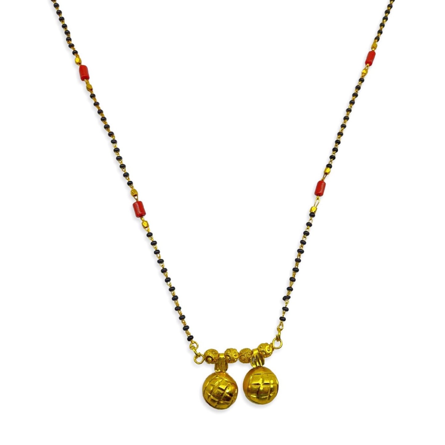 Marathi Style Long Vati Mangalsutra Designs Gold Plated Simple Red And Black Beads Chain