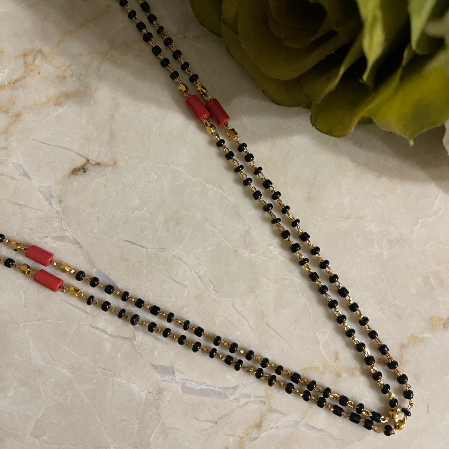 Gold Plated Traditional Long Mangalsutra Designs Double Line Red And Black Beads Chain