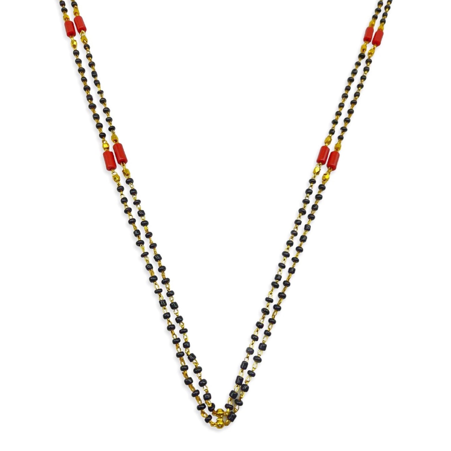 Gold Plated Traditional Long Mangalsutra Designs Double Line Red And Black Beads Chain