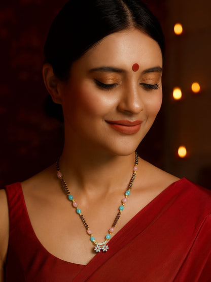 AD Flower Pendant Multi Beads Short Mangalsutra Design