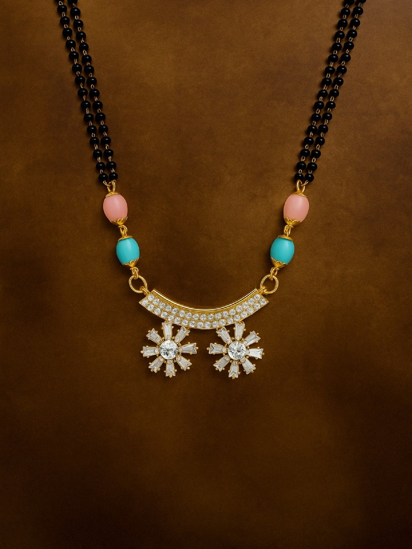 AD Flower Pendant Multi Beads Short Mangalsutra Design