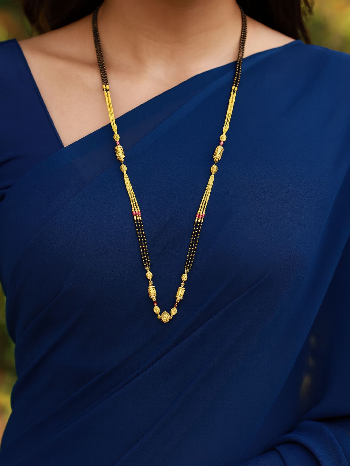 Gold Plated Long Mangalsutra with Black Beads Design