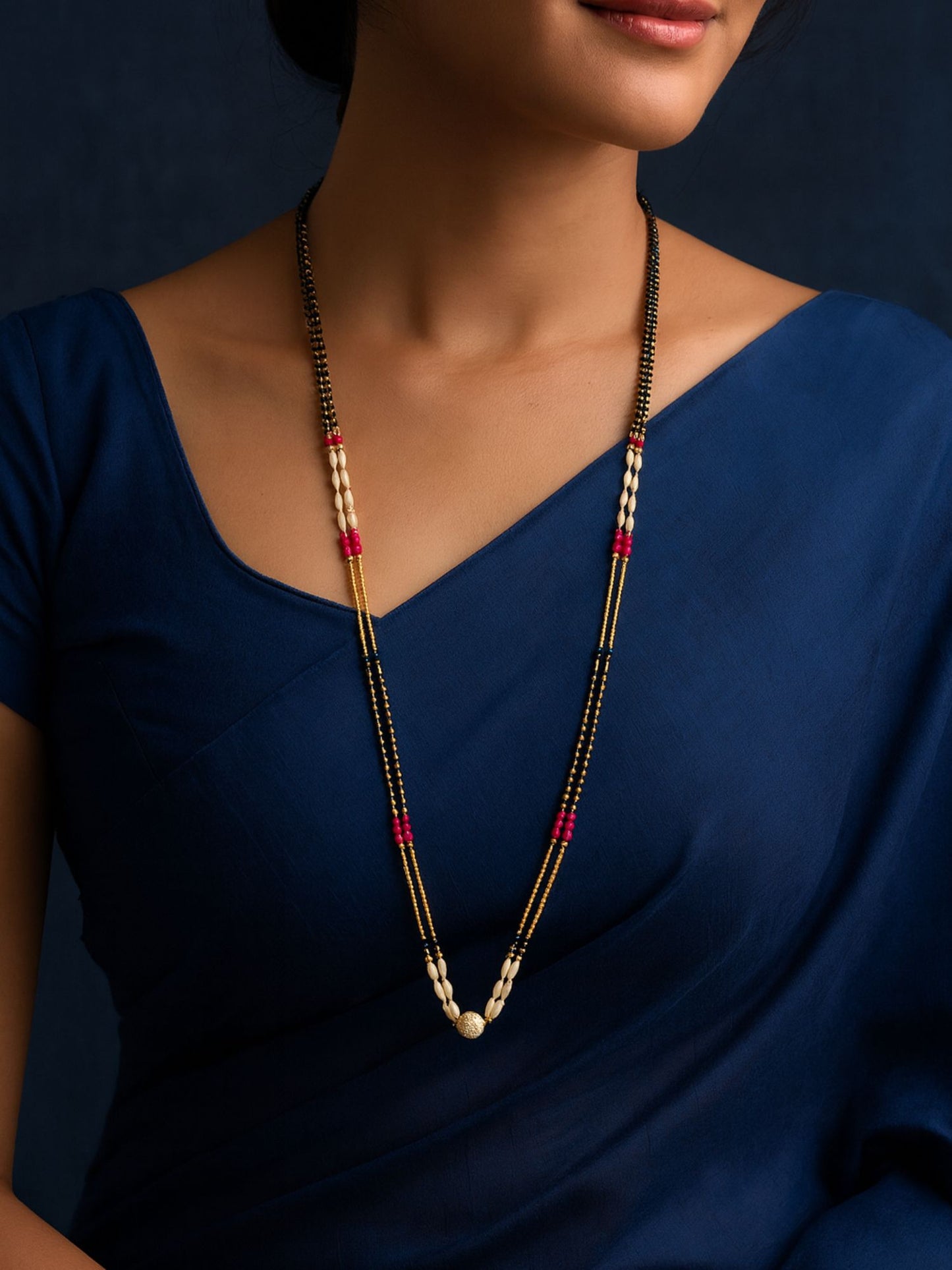 Gold Plated Long Mangalsutra Double Line Pearl Design