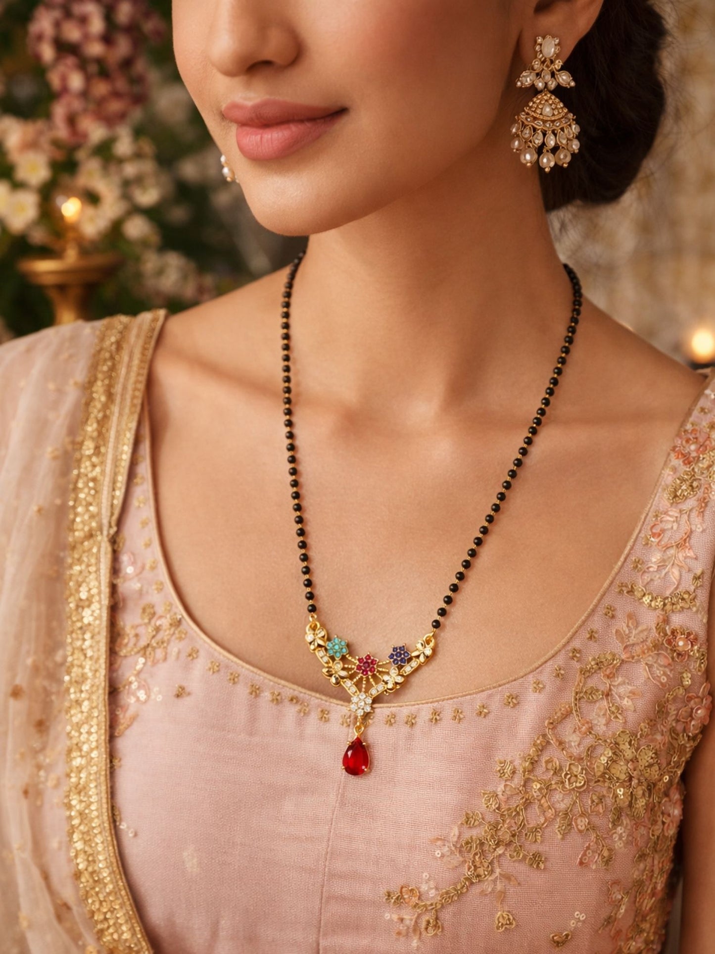 Rose Gold Short Mangalsutra Design Floral Pendant Chain