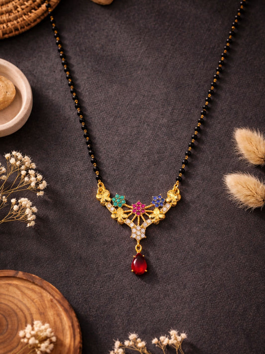 Rose Gold Short Mangalsutra Design Floral Pendant Chain