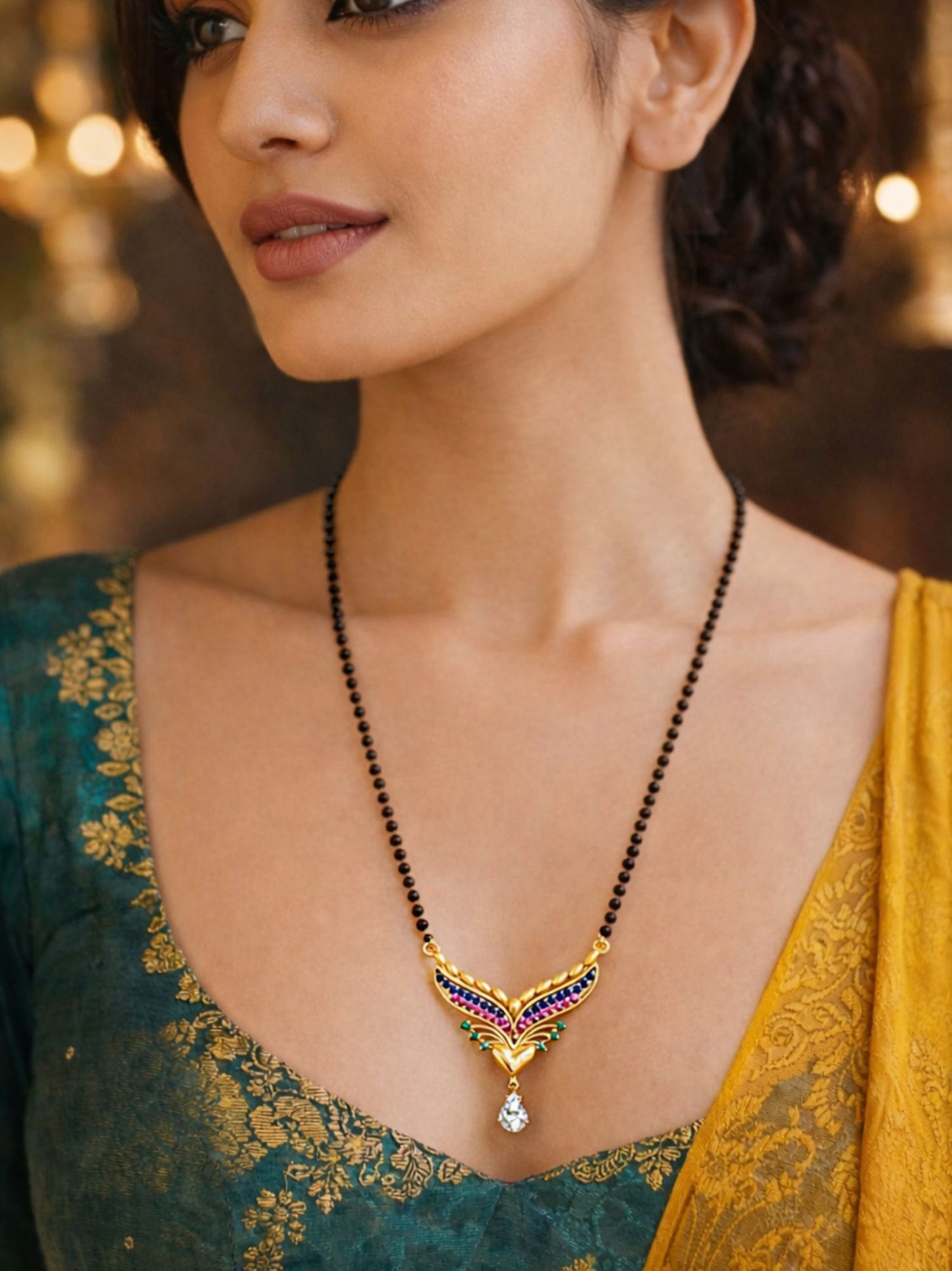 Short Mangalsutra Design Rose Gold Beads Colorful Stones Pendant