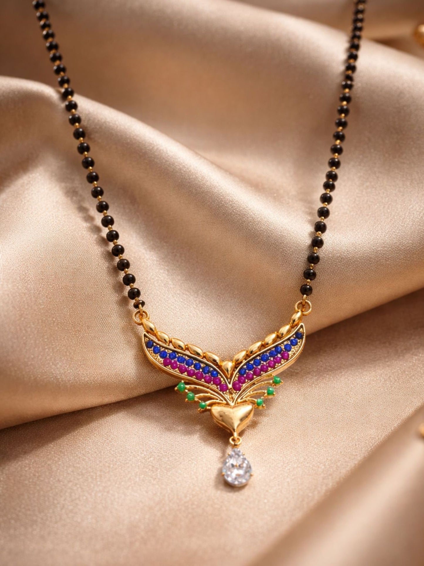 Short Mangalsutra Design Rose Gold Beads Colorful Stones Pendant