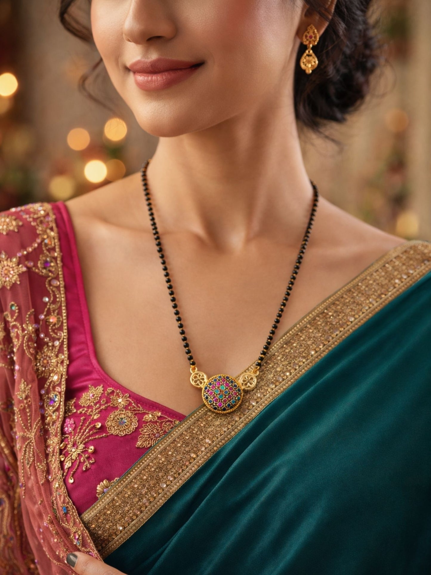 Short Mangalsutra Design Rose Gold Plated Multicolor Pendant