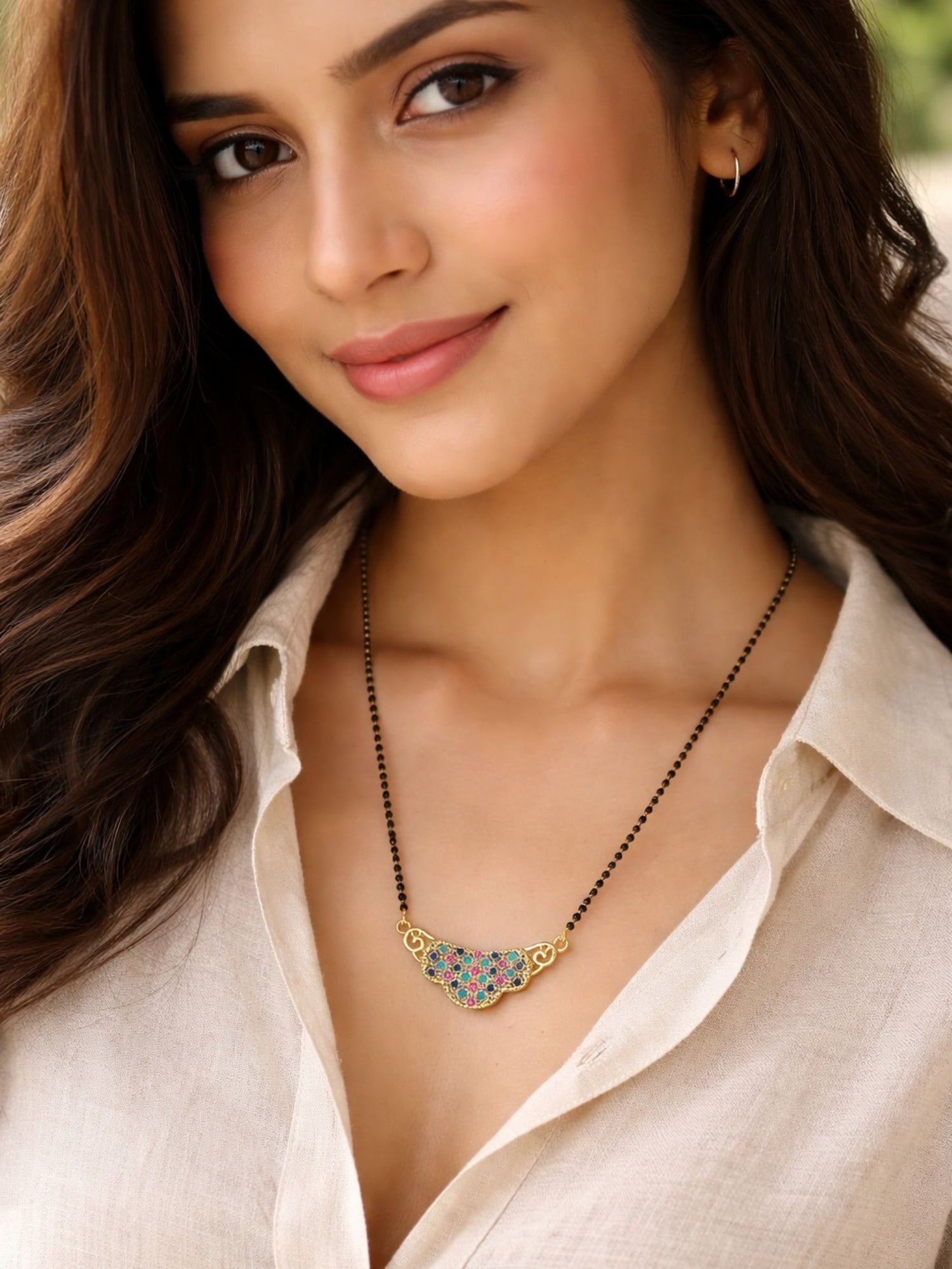 Rose Gold Short Mangalsutra Design Multicolor Stone Pendant
