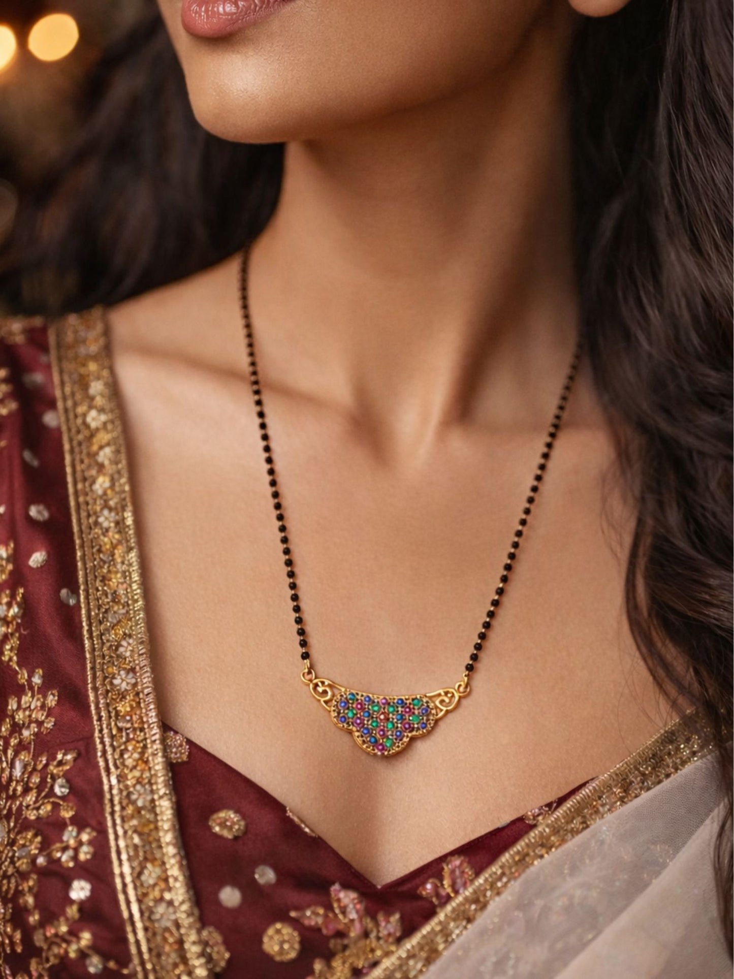 Rose Gold Short Mangalsutra Design Multicolor Stone Pendant