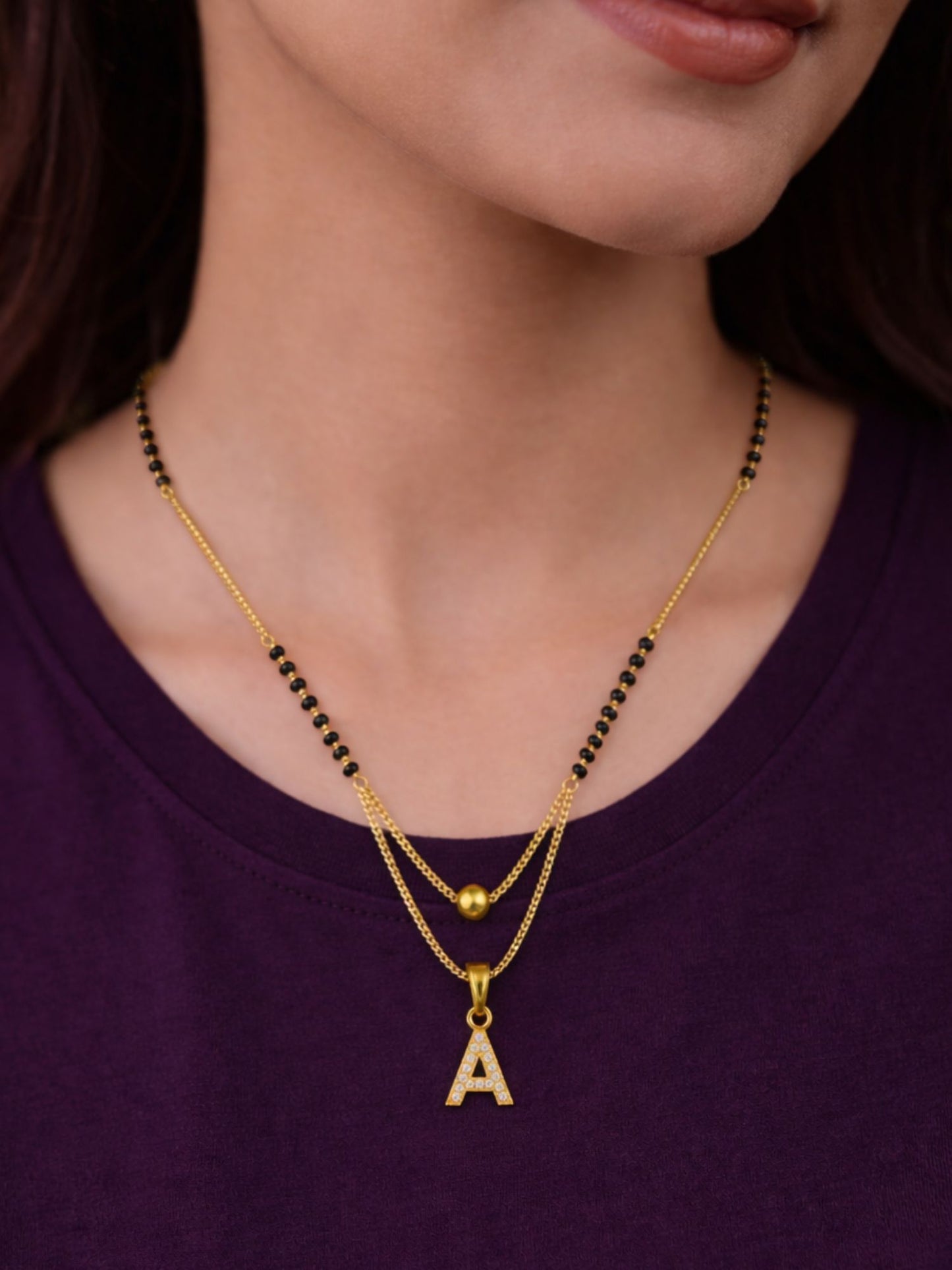 "A" To "Z" Letter Short Mangalsutra Designs with Gold Ball