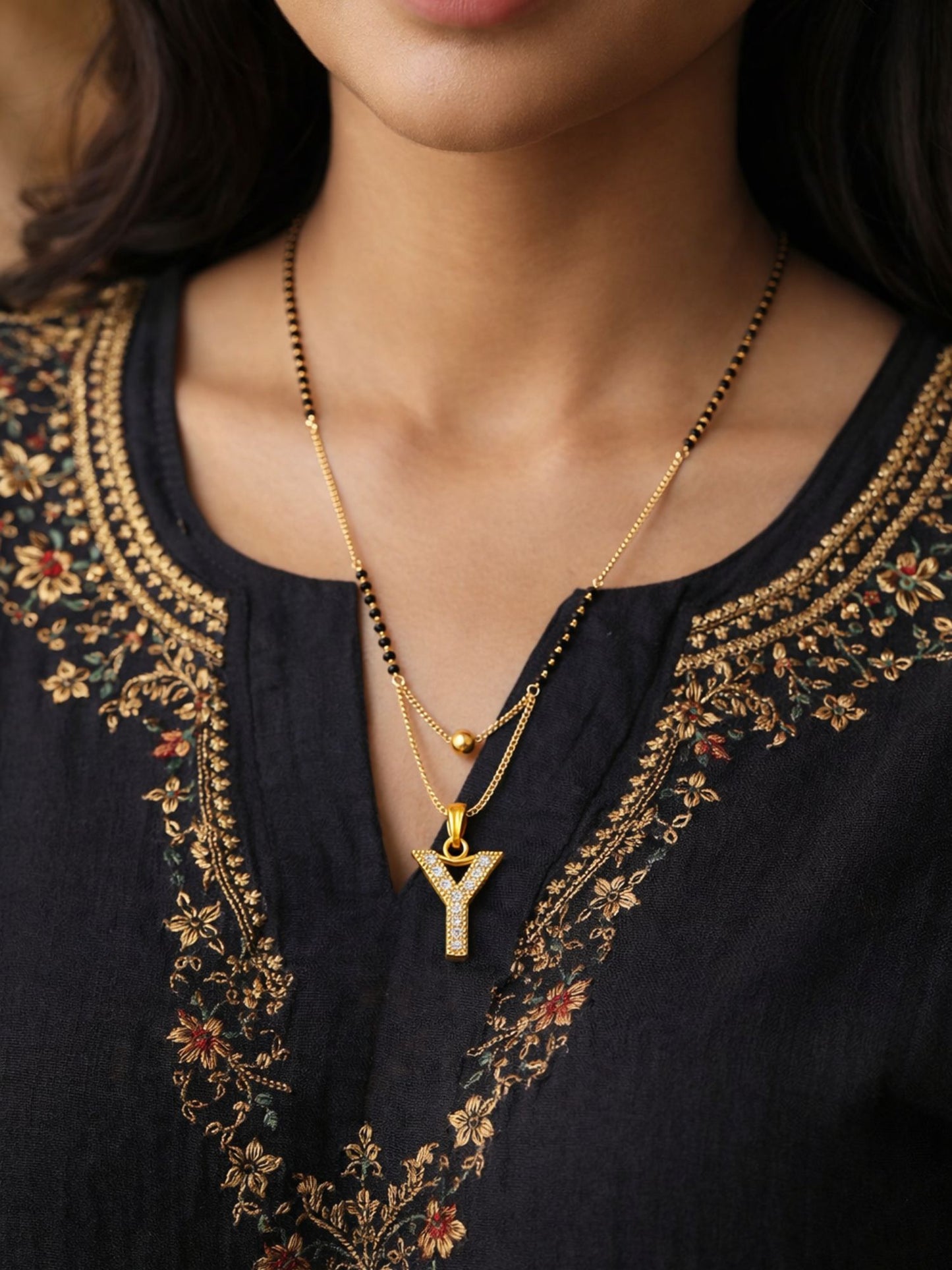 "A" To "Z" Letter Short Mangalsutra Designs with Gold Ball