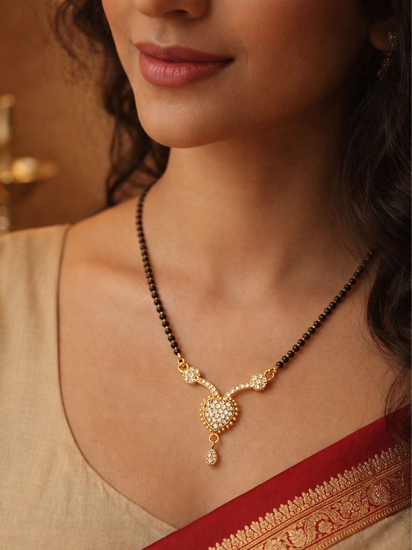 Heart Short Mangalsutra with Black Beads for Women