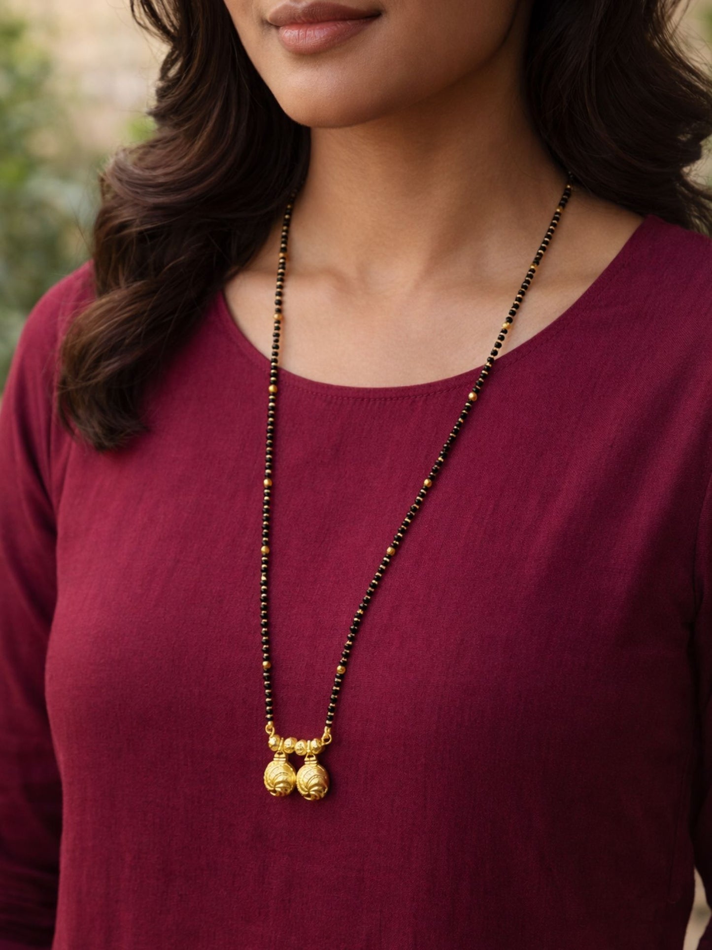 Double Vati Long Mangalsutra Black Bead Necklace for Women