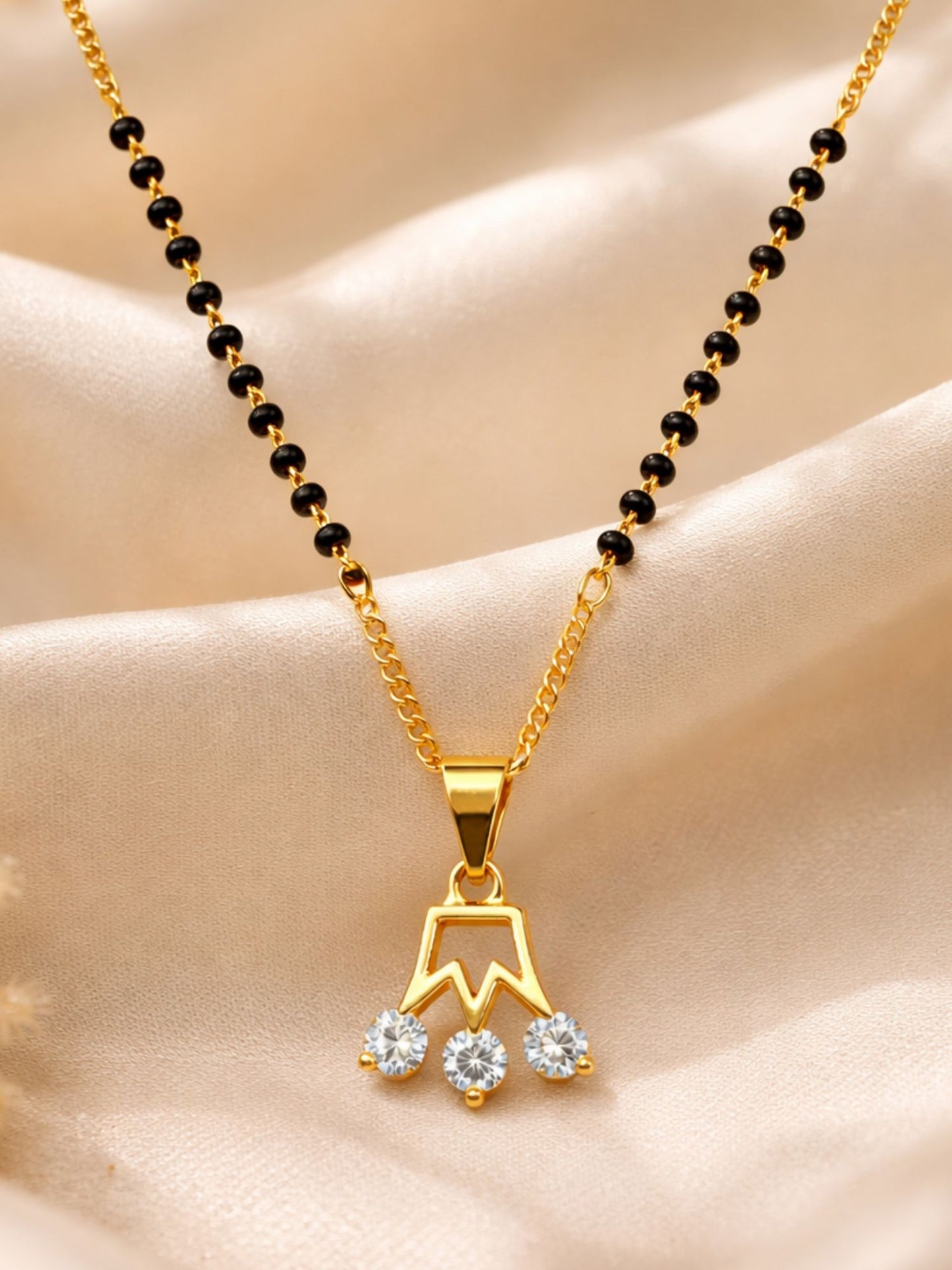 Gold Crown Pendant Short Mangalsutra with Black Beads
