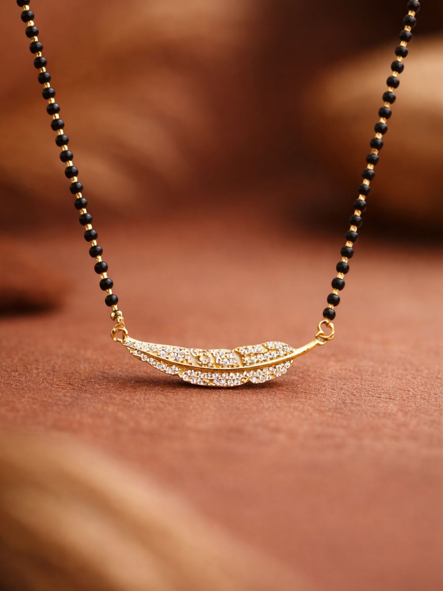 Leaf Diamond Style Short Mangalsutra Black Beads Pendant