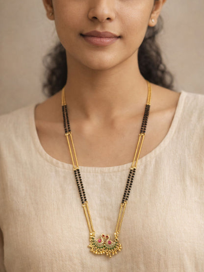 Peacock Pendant Long Mangalsutra Black Beads Gold Chain