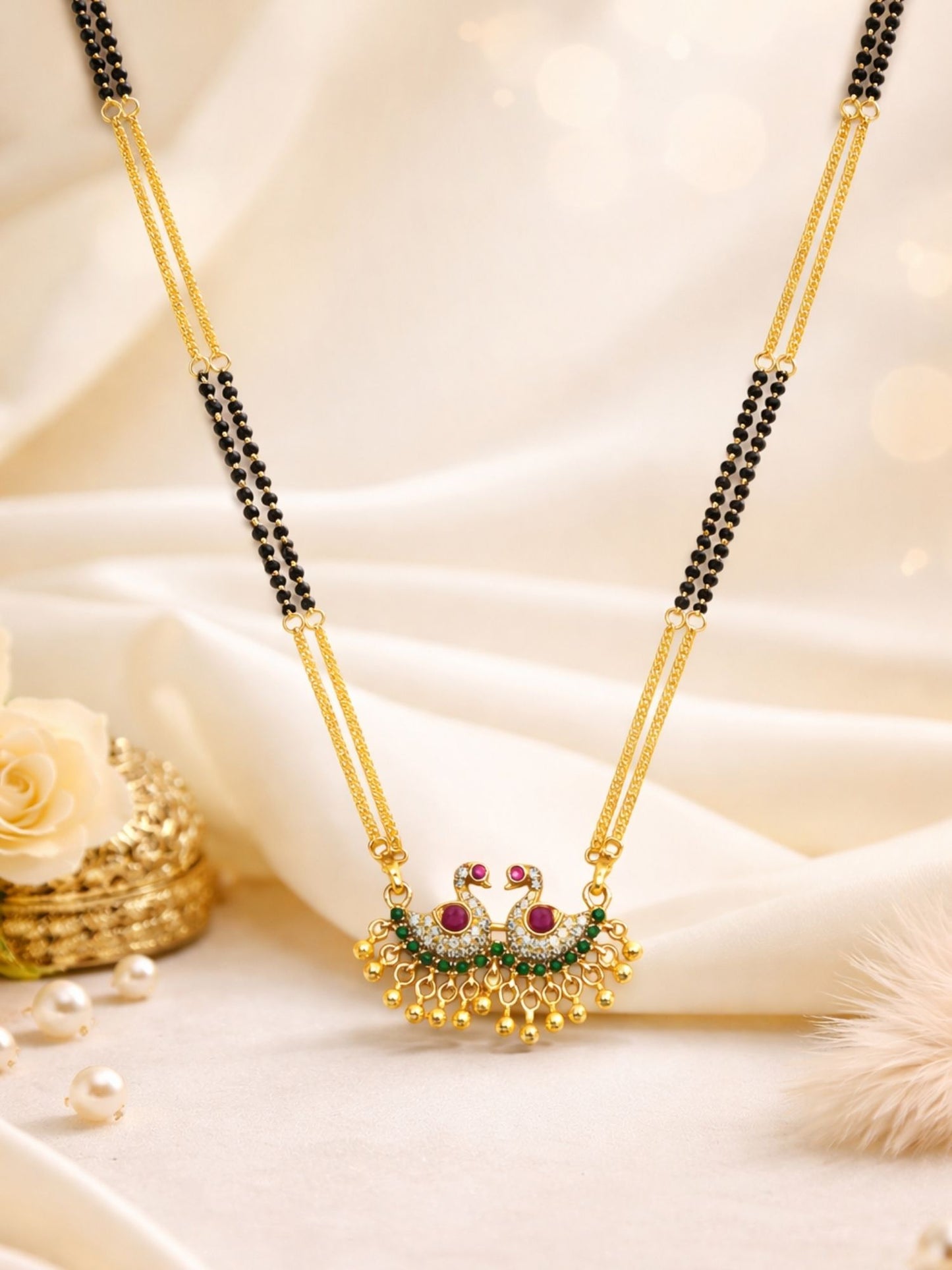 Peacock Pendant Long Mangalsutra Black Beads Gold Chain