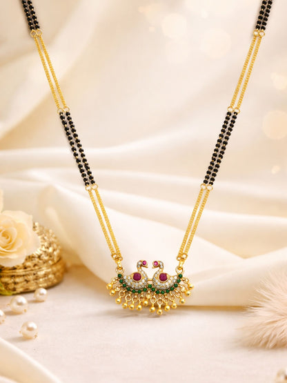 Peacock Pendant Long Mangalsutra Black Beads Gold Chain