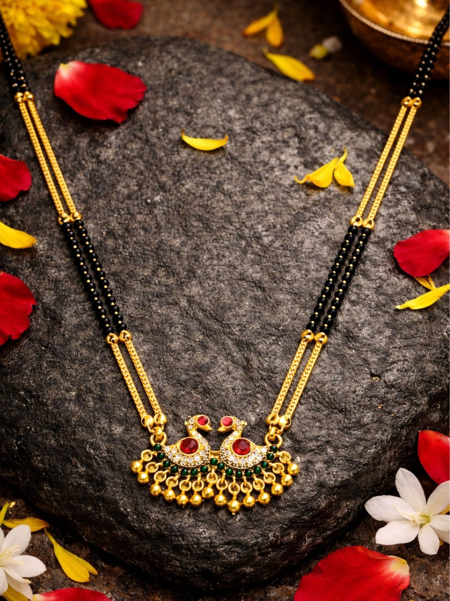 Peacock Pendant Long Mangalsutra Black Beads Gold Chain