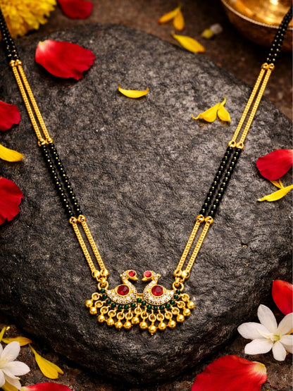 Peacock Pendant Long Mangalsutra Black Beads Gold Chain