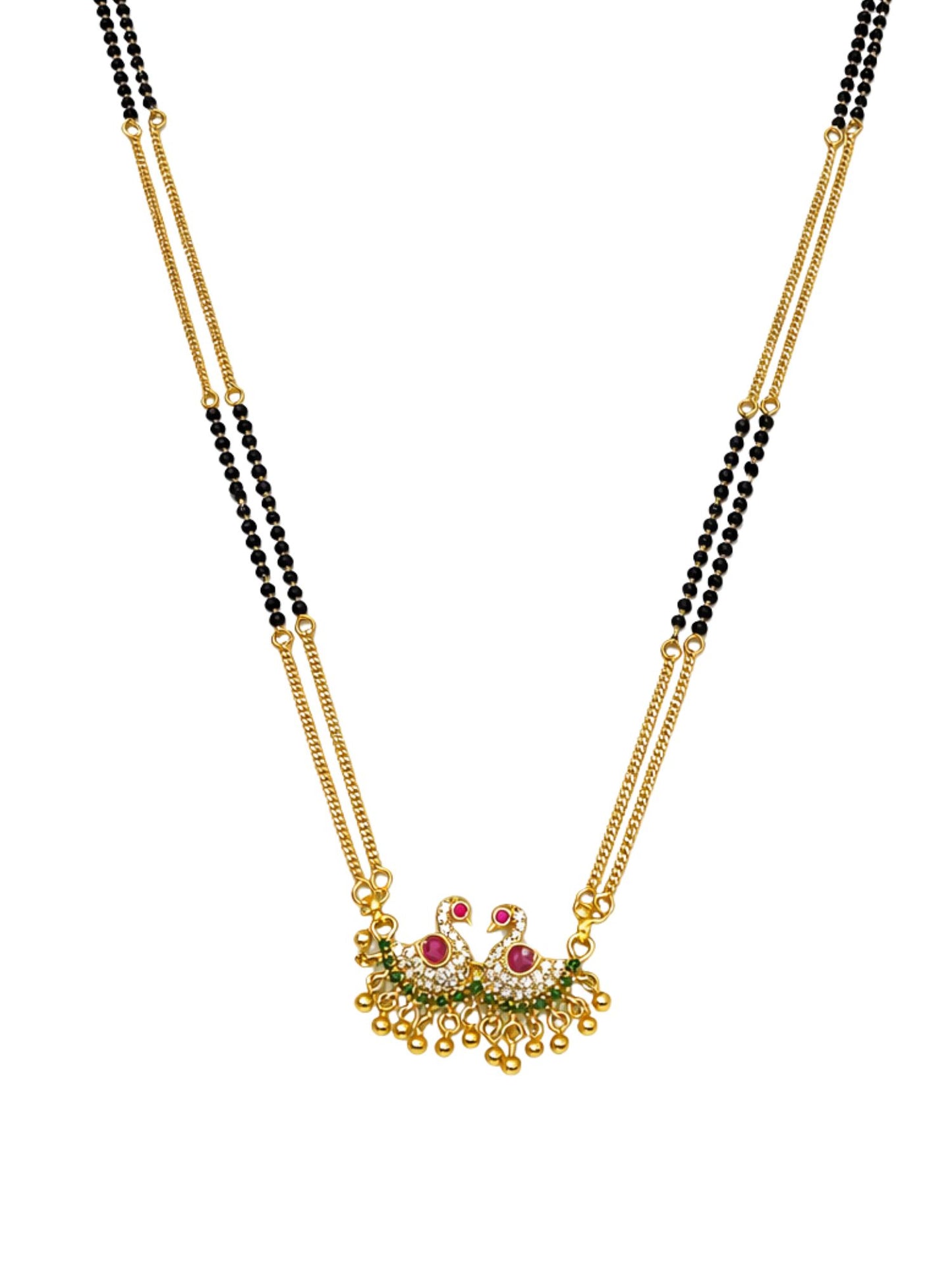 Peacock Pendant Long Mangalsutra Black Beads Gold Chain
