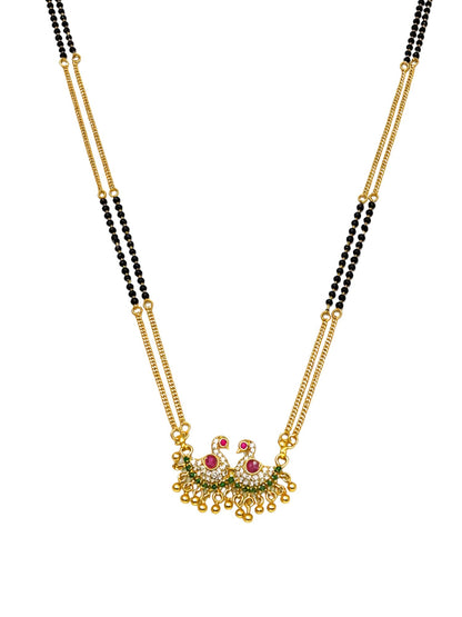 Peacock Pendant Long Mangalsutra Black Beads Gold Chain