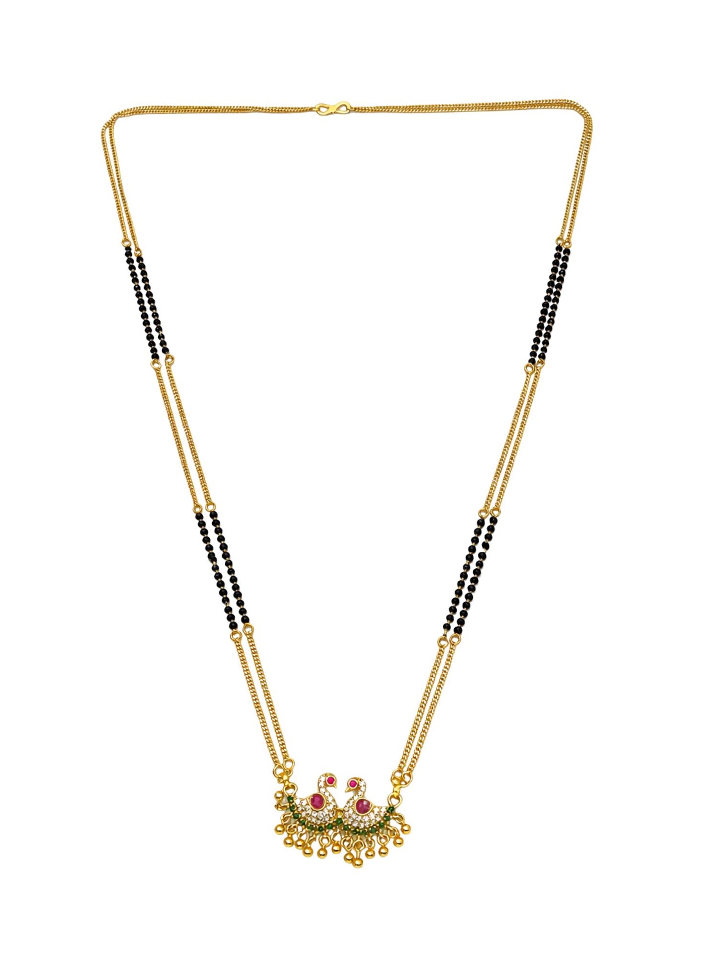 Peacock Pendant Long Mangalsutra Black Beads Gold Chain