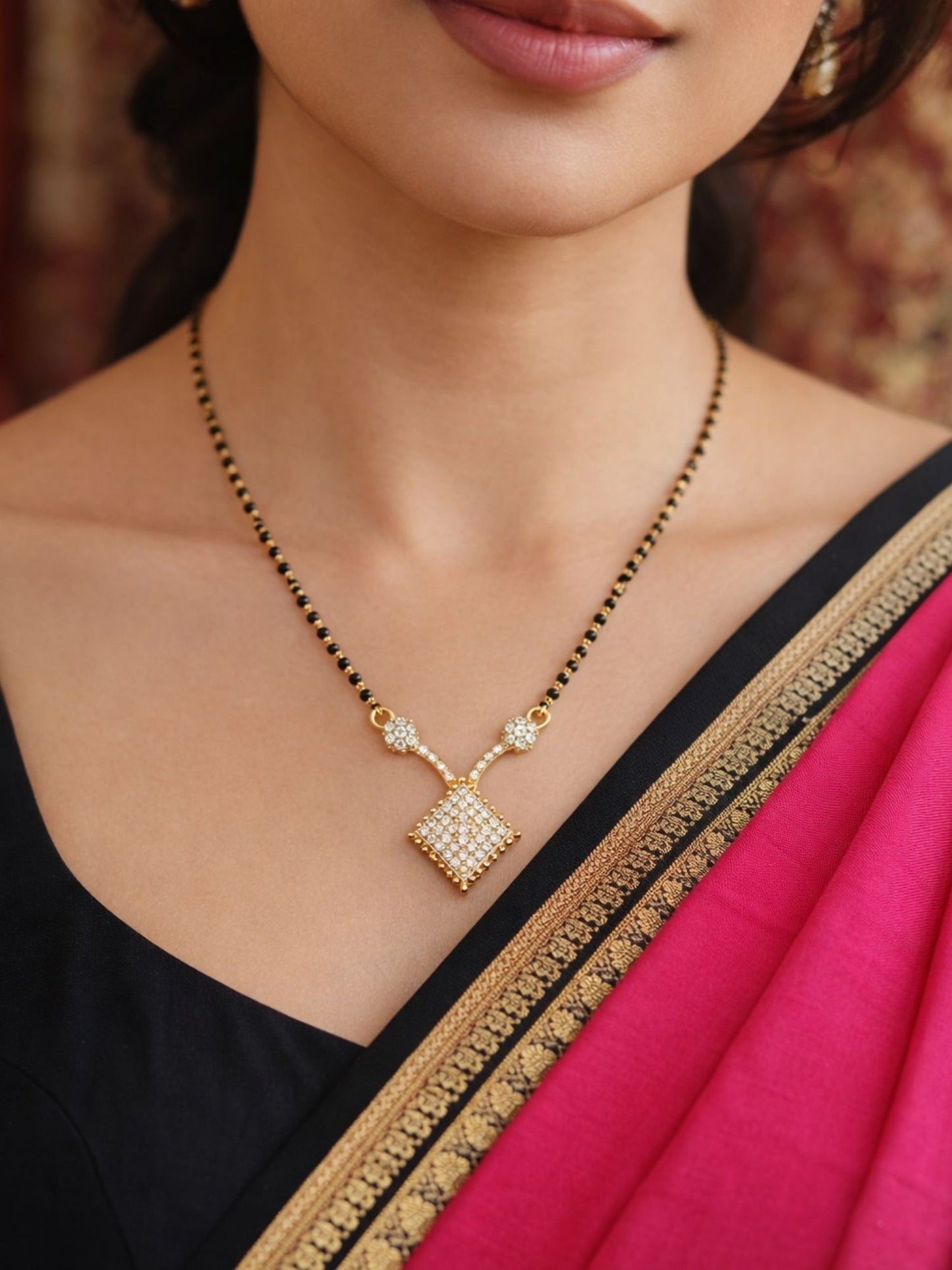 Gold Square Diamond Short Mangalsutra Design Black Beads