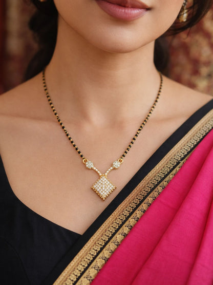Gold Square Diamond Short Mangalsutra Design Black Beads