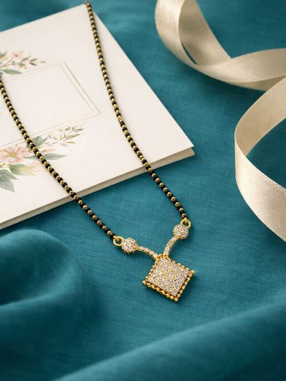 Gold Square Diamond Short Mangalsutra Design Black Beads