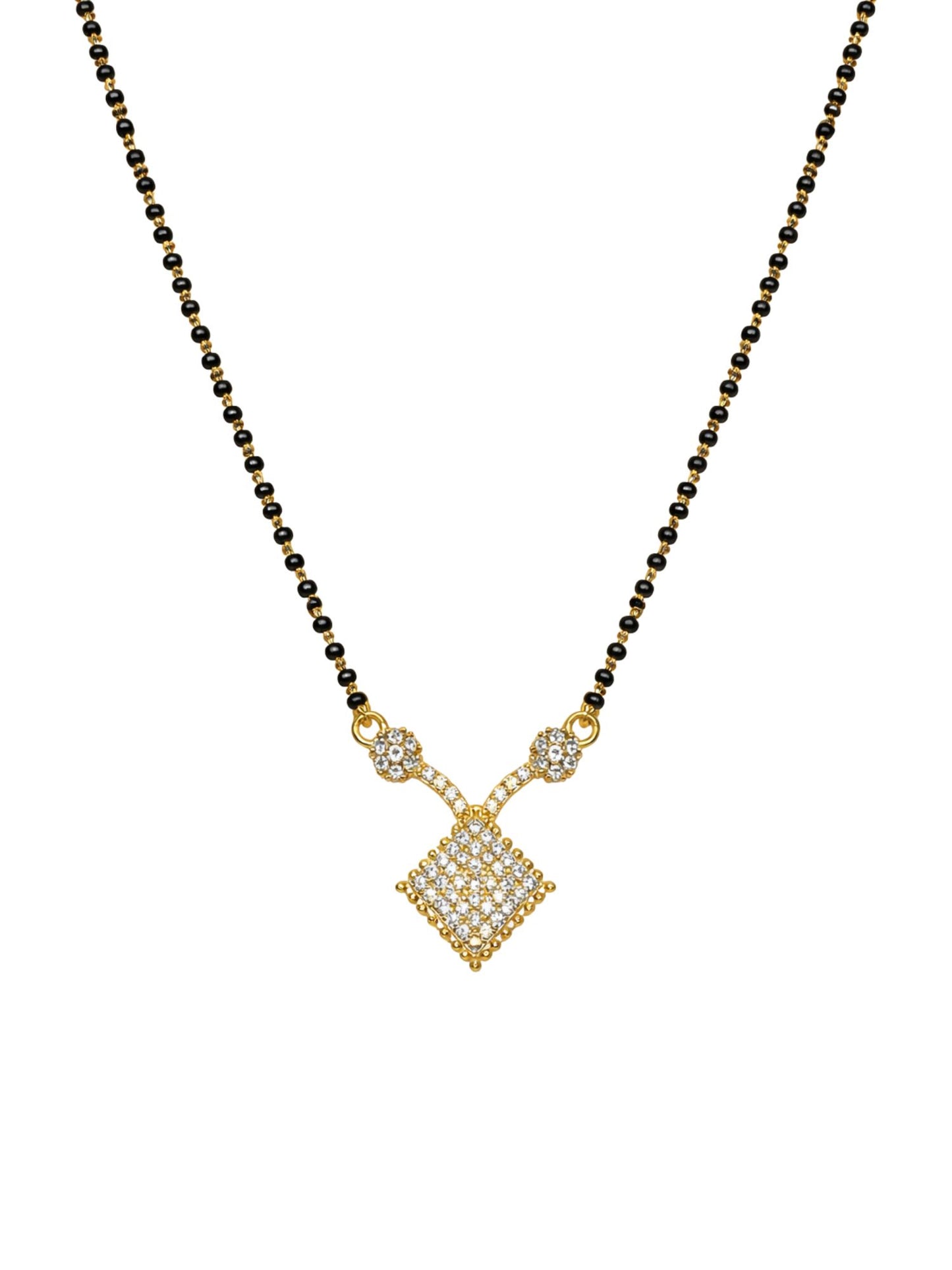 Gold Square Diamond Short Mangalsutra Design Black Beads