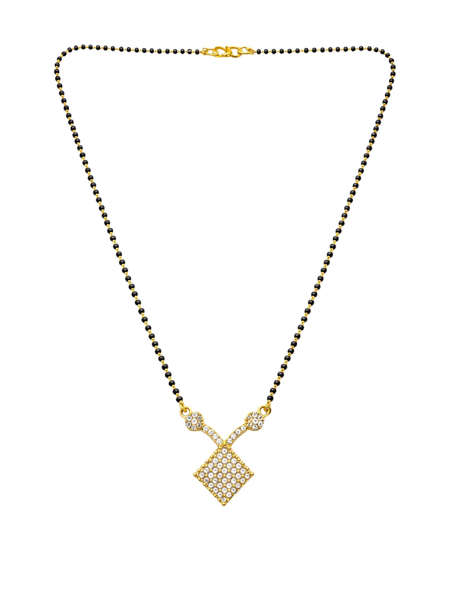 Gold Square Diamond Short Mangalsutra Design Black Beads