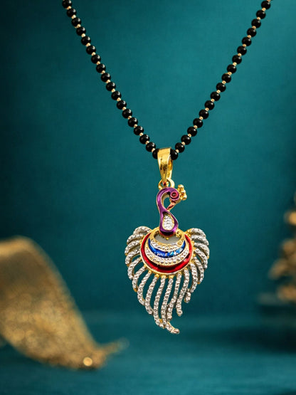 Peacock Short Mangalsutra Design Black Beads Gold Pendant