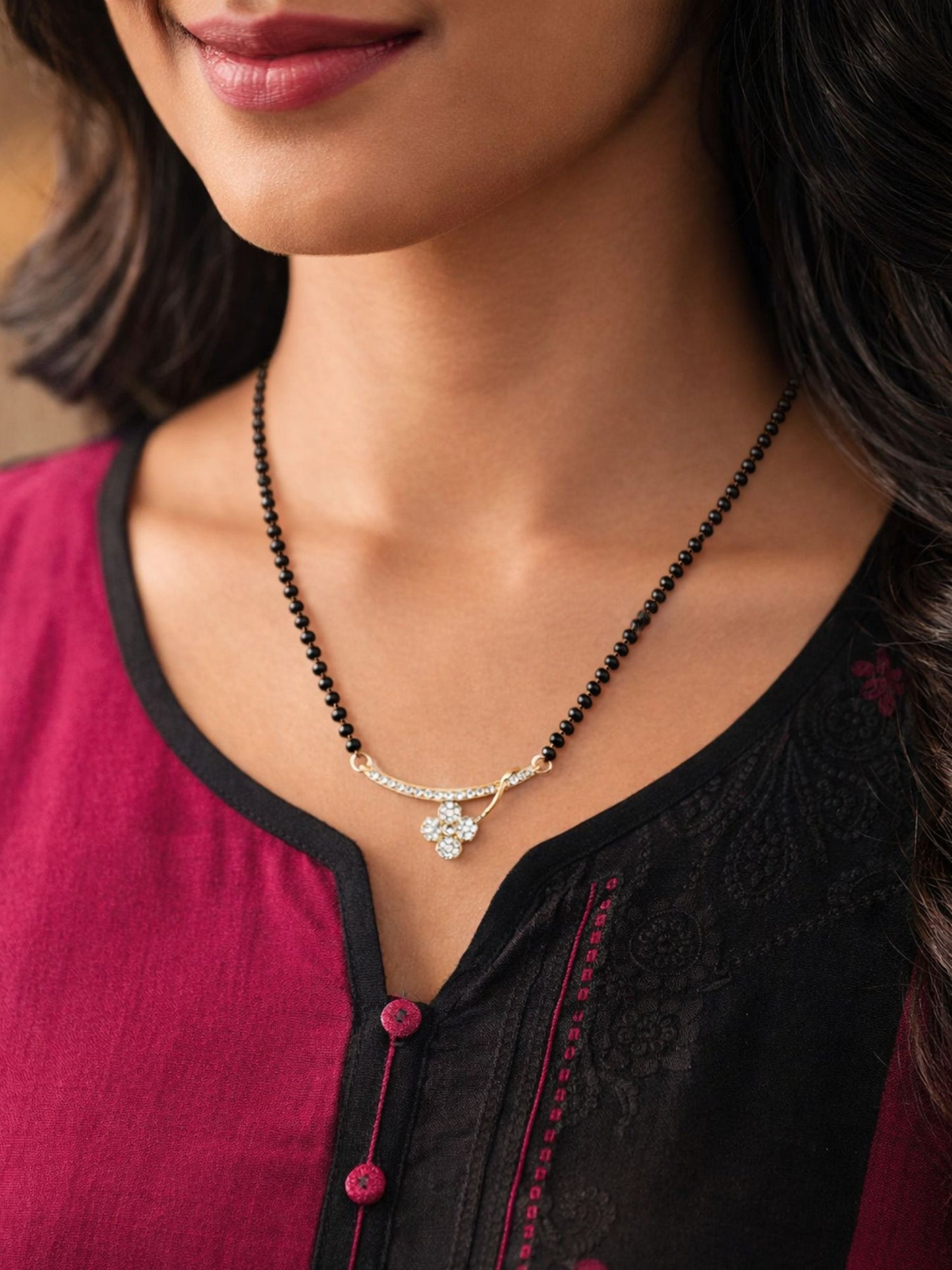 Floral Diamond Black Bead Festive Short Mangalsutra