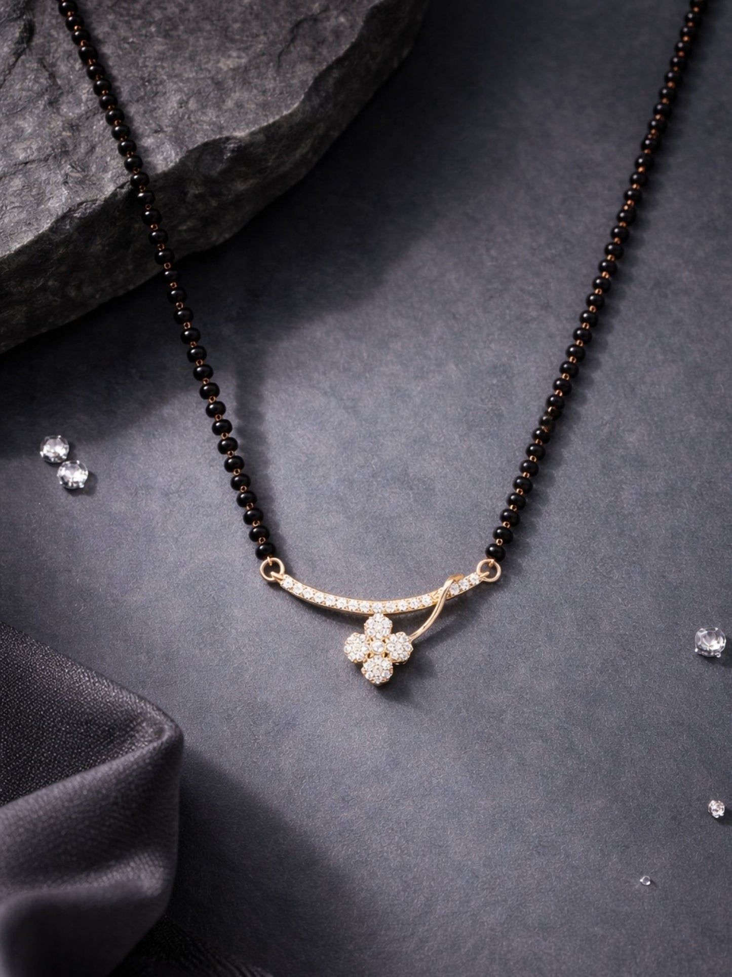 Floral Diamond Black Bead Festive Short Mangalsutra